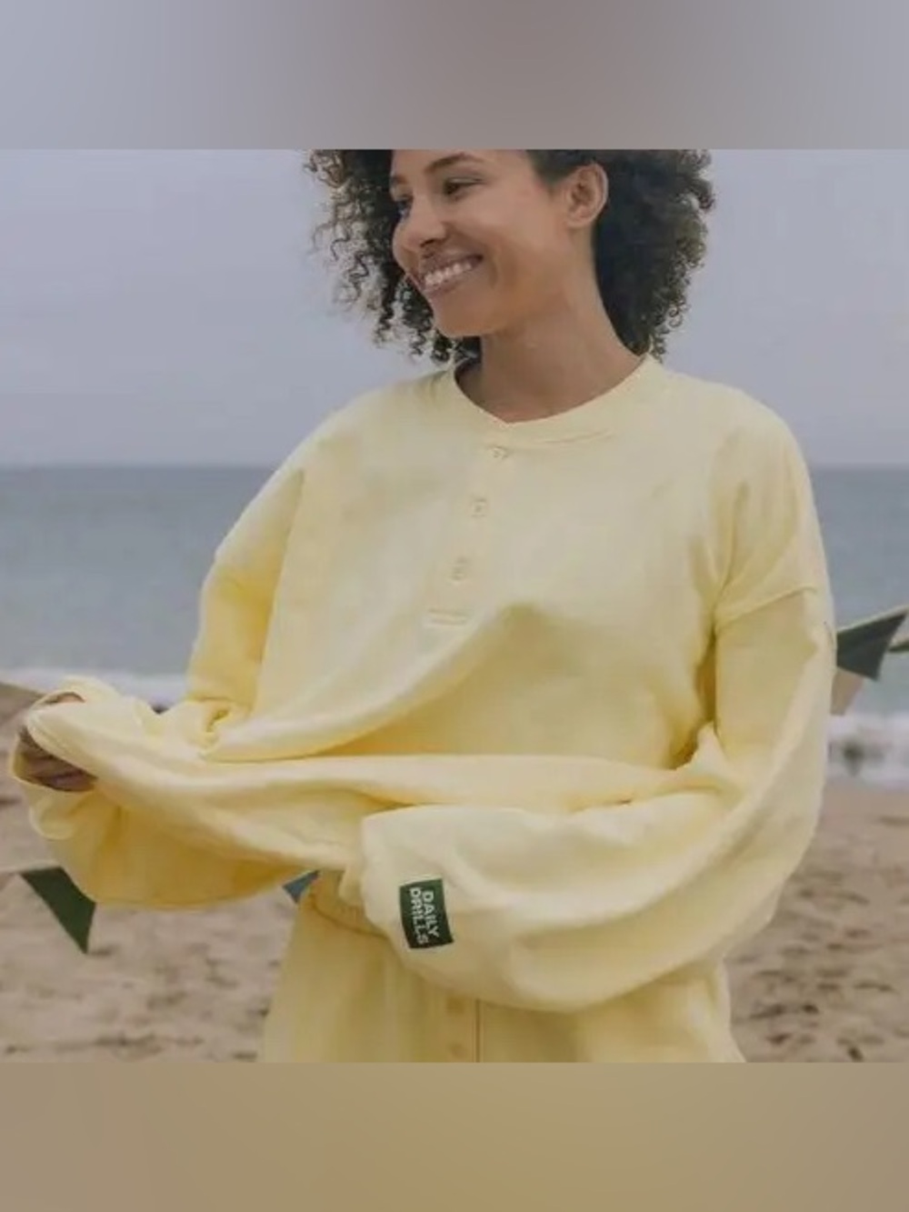 Daily Drills Oversized Crew Lemonade Yellow Henley Sweatshirt - Picture 2 of 9